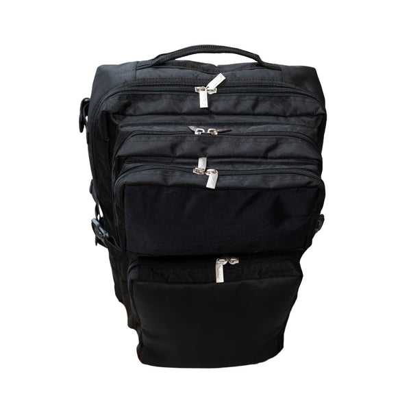 Mercian HOEL26BLK black hockey backpack angled front view with multi-zip storage compartments and carry handle