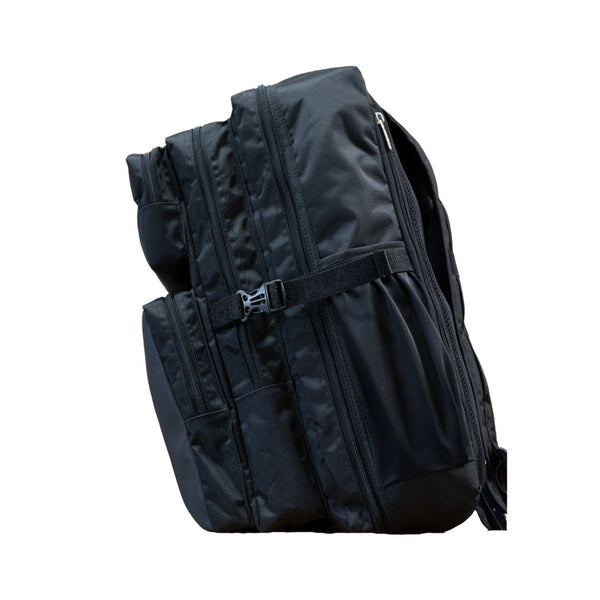 Mercian HOEL26BLK black hockey backpack opposite side view with external storage pockets and adjustable compression strap