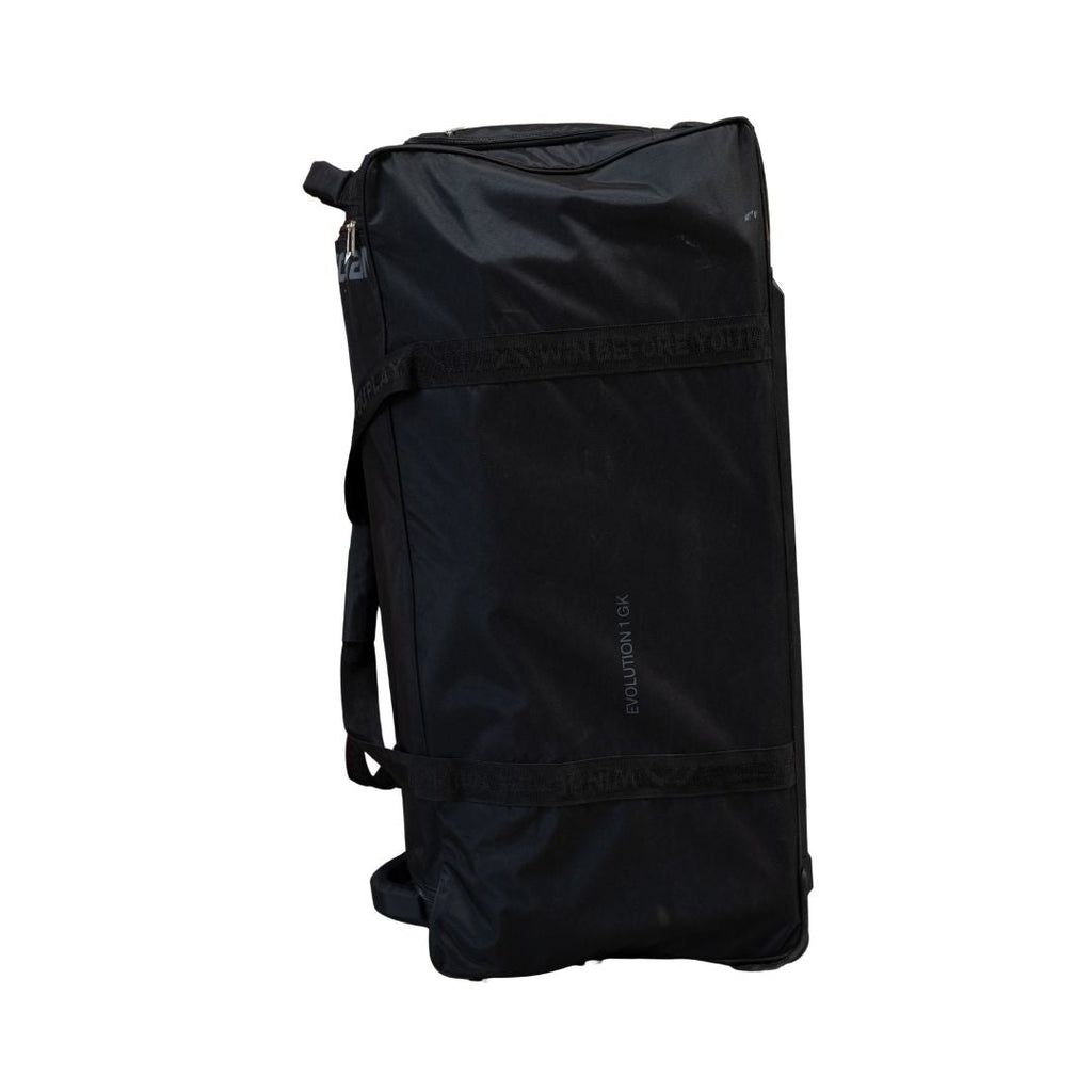 Mercian HOEV126GKBLK black goalkeeper hockey wheel bag side view with Evolution 1 GK branding and reinforced carry straps