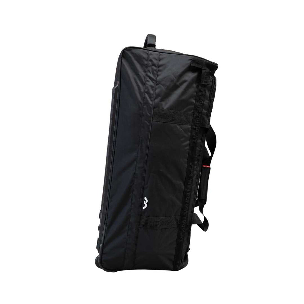 Mercian HOEV226GKBLK black goalkeeper hockey wheel bag side view with reinforced carry straps and durable outer shell.