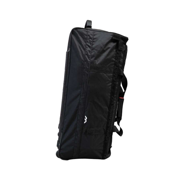 Mercian HOEV226GKBLK black goalkeeper hockey wheel bag side view with reinforced carry straps and durable outer shell.