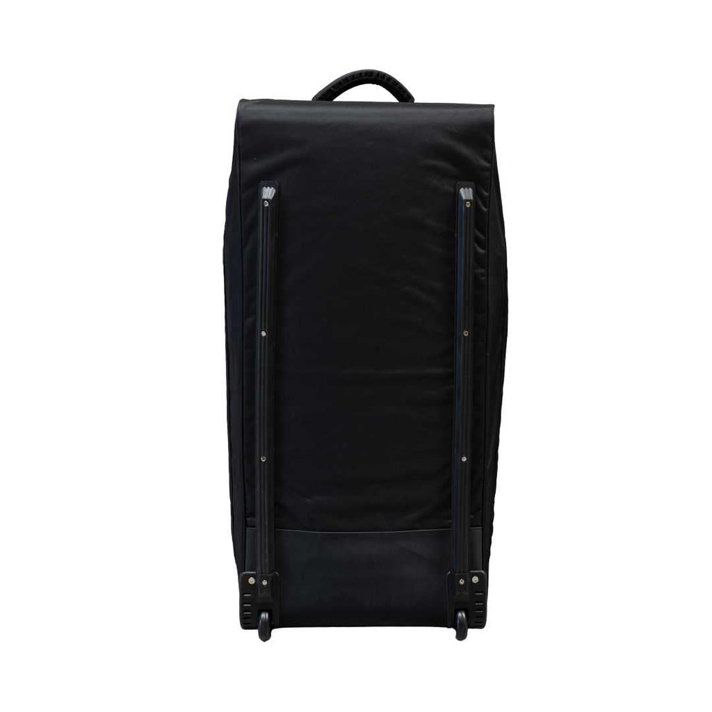 Mercian HOEV226GKBLK black goalkeeper hockey wheel bag rear view with rolling wheels and reinforced base rails.