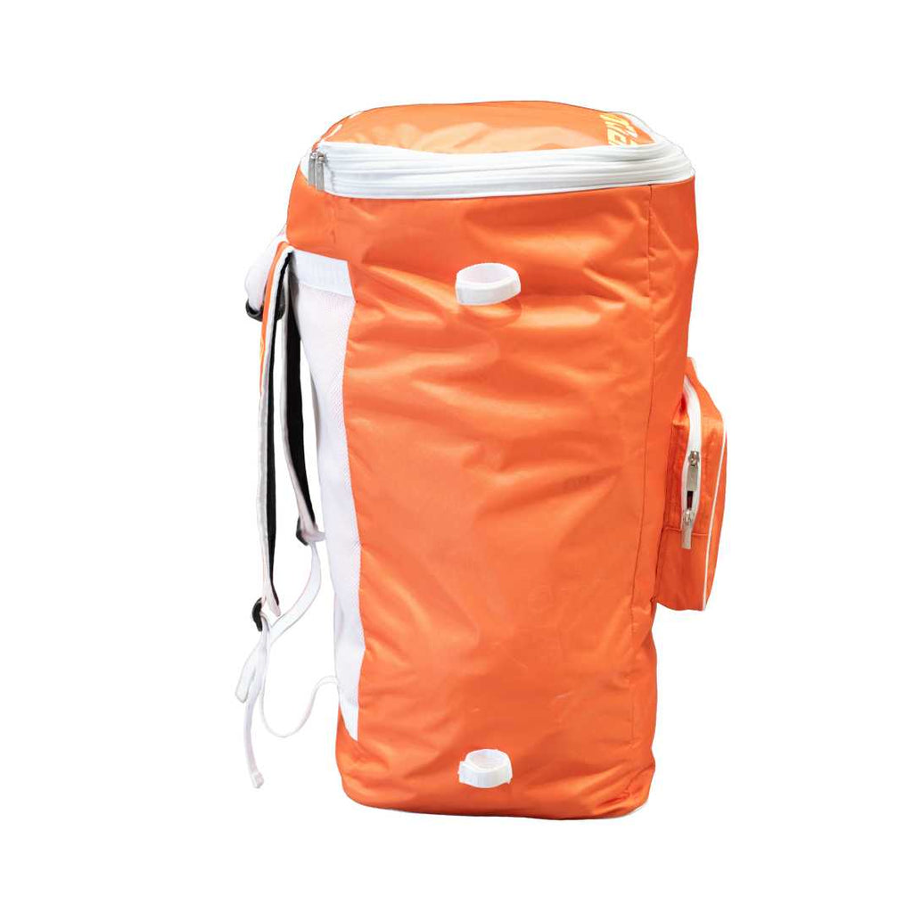 Mercian HOGE126GK orange goalkeeper hockey backpack rear view with padded mesh back panel and adjustable shoulder straps.