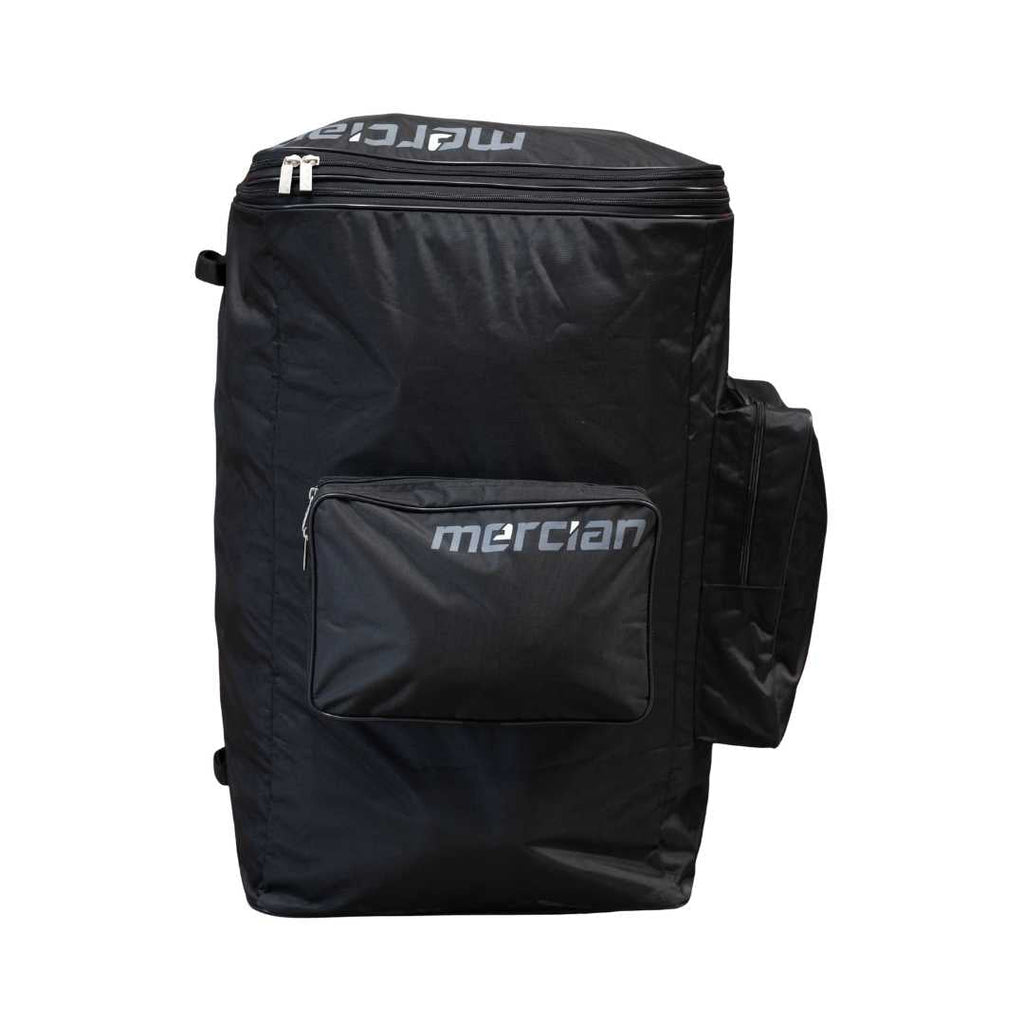 Mercian HOGE126GK black goalkeeper hockey backpack front view with large external storage pocket and Mercian branding.