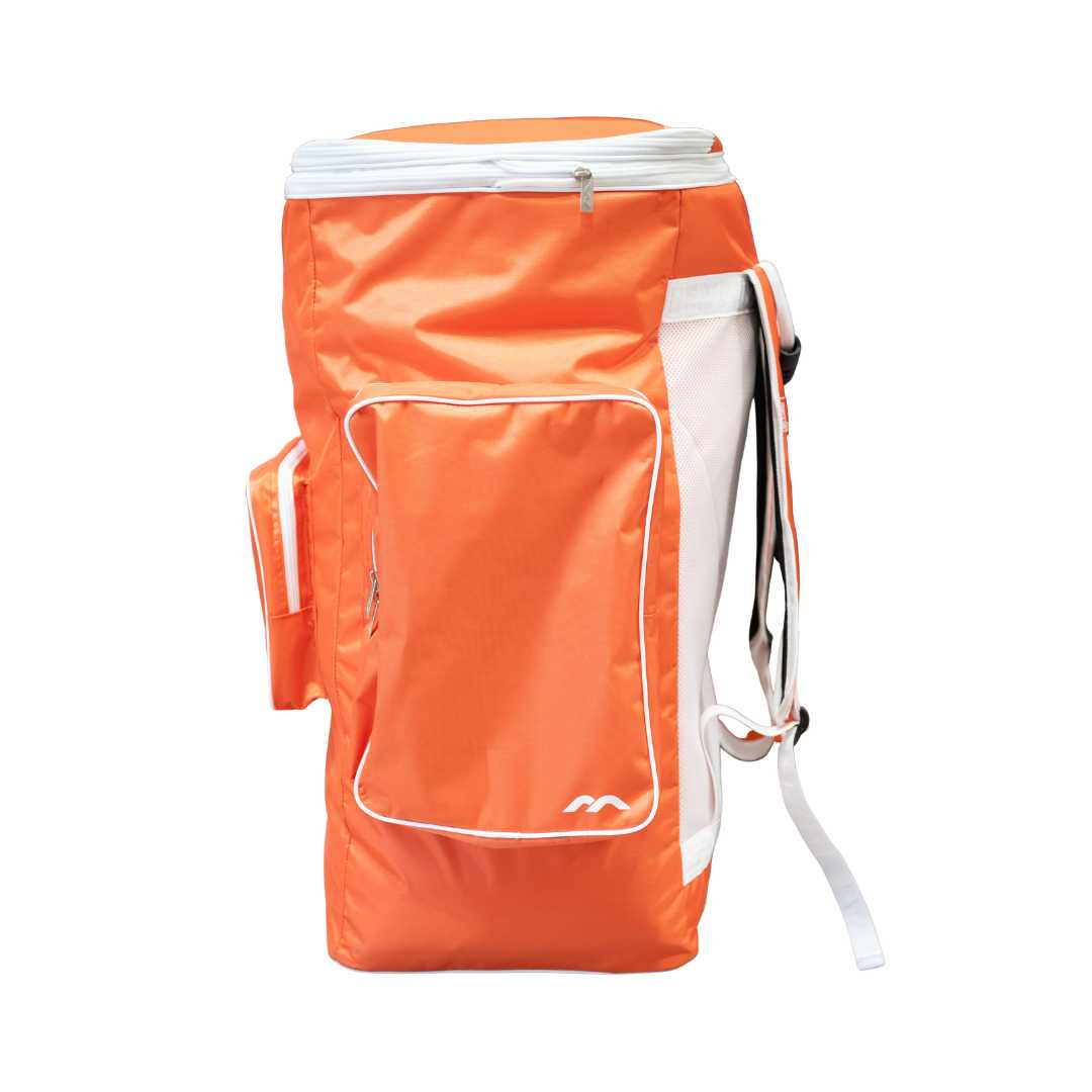 Mercian HOGE126GK orange goalkeeper hockey backpack side view with external accessory pocket and large main storage compartment