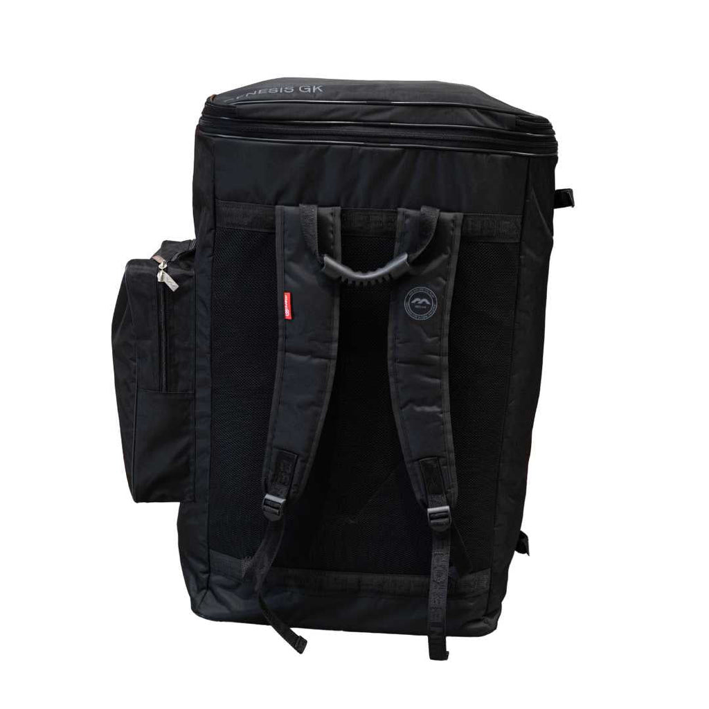 Mercian HOGE126GK black goalkeeper hockey backpack rear view with padded mesh back panel and adjustable shoulder straps.