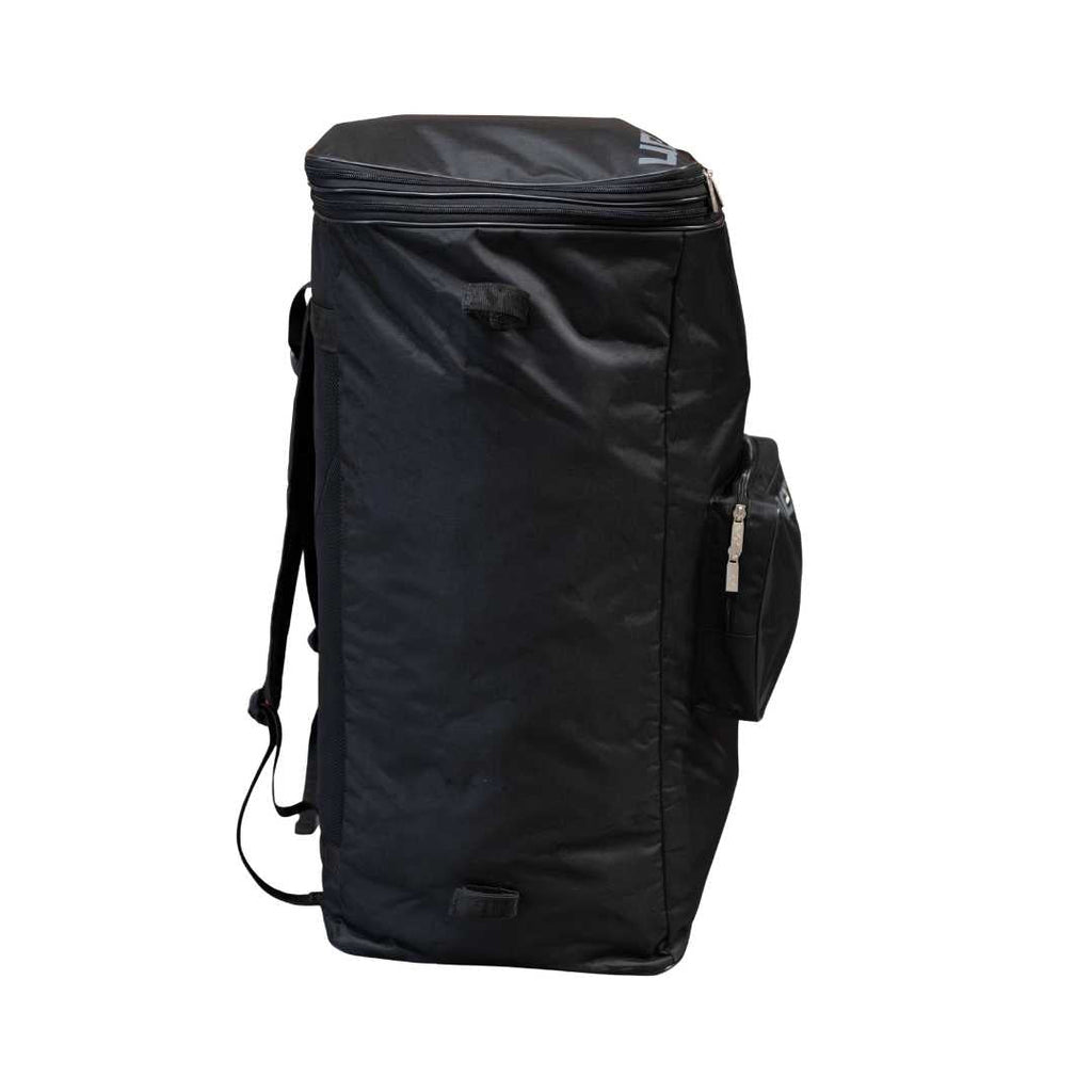 Mercian HOGE126GK black goalkeeper hockey backpack side view with external accessory pocket and large main storage compartment
