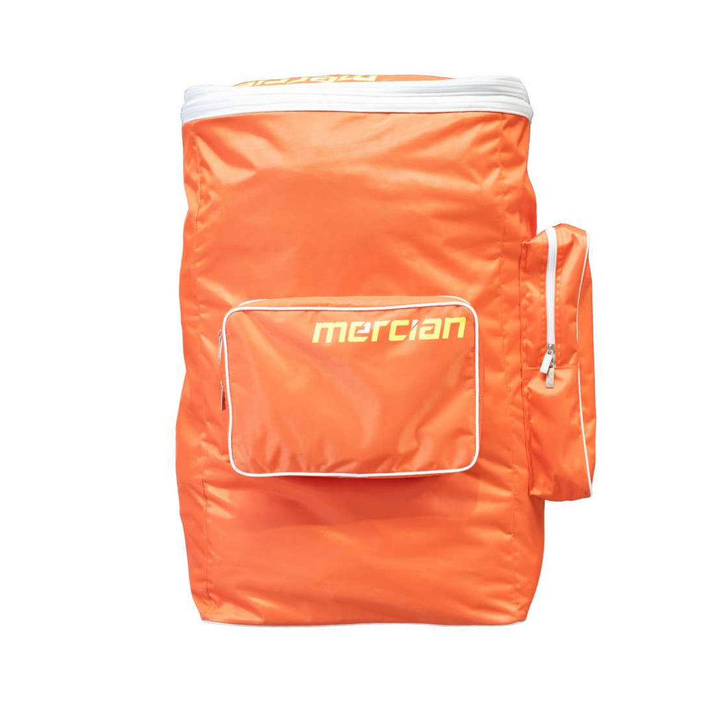 Mercian HOGE126GK orange goalkeeper hockey backpack angled front view with external zip pocket and padded shoulder straps.