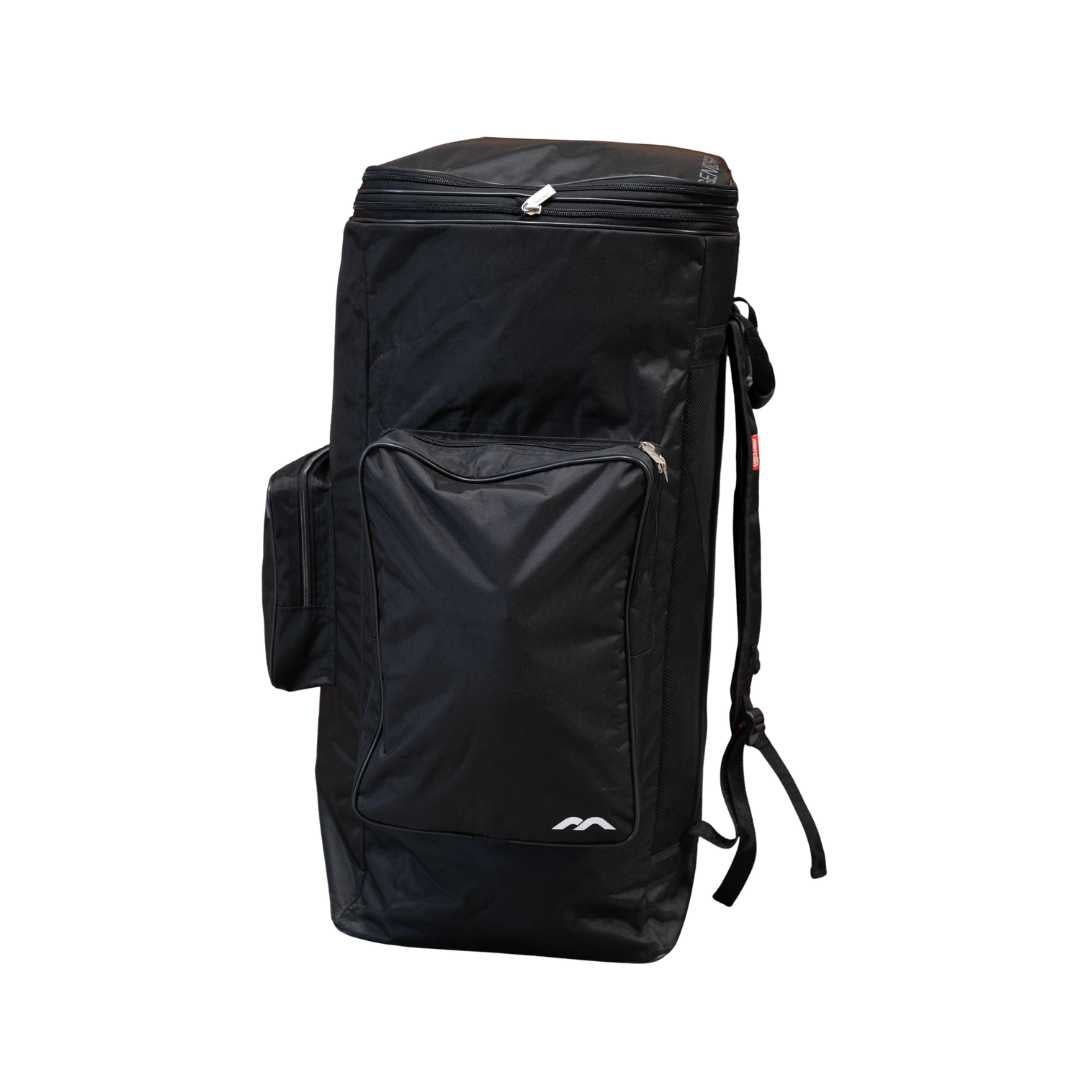 Mercian HOGE126GK black goalkeeper hockey backpack angled front view with external zip pocket and padded shoulder straps.