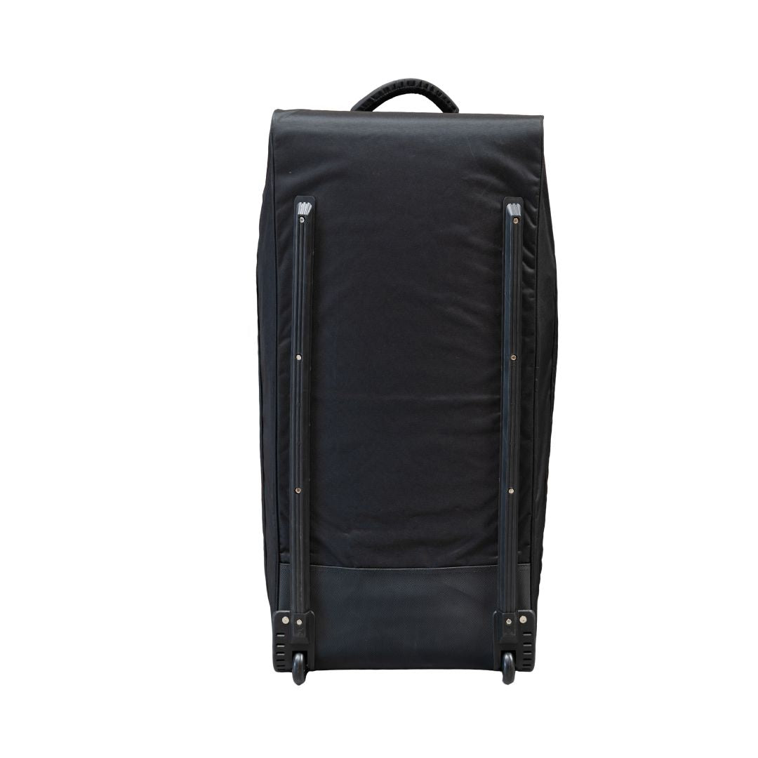 Mercian Genesis 2 goalkeeping wheelie bag rear wheel system view in black