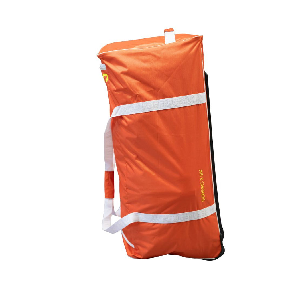 Mercian HOGE226GKORG orange goalkeeper wheelie bag angled side view with Genesis 2 GK branding and padded carry handles.