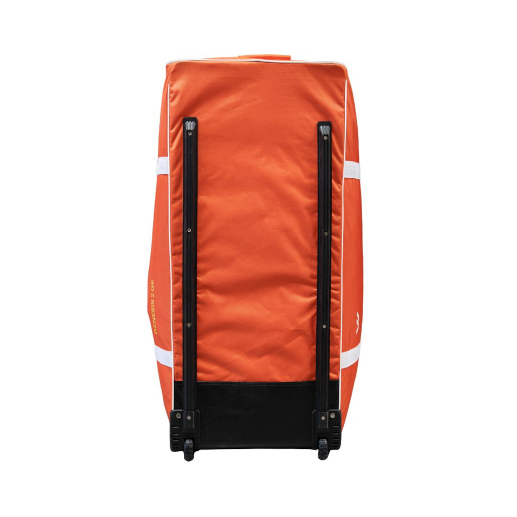Mercian HOGE226GKORG orange goalkeeper roller bag rear view with integrated wheel system and reinforced base rails.