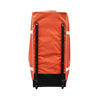 Mercian HOGE226GKORG orange goalkeeper roller bag rear view with integrated wheel system and reinforced base rails.