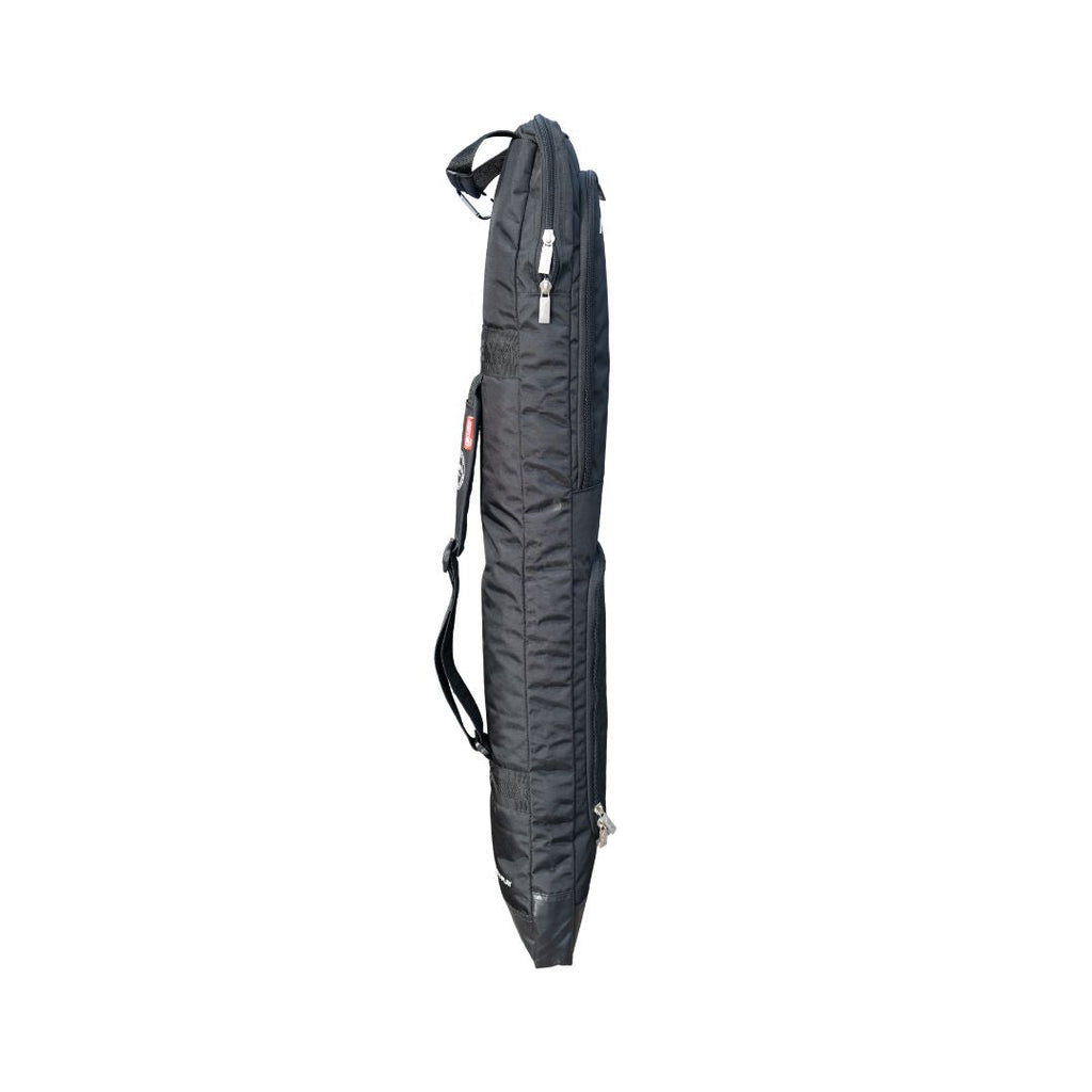 Mercian HOGE326BLK black hockey stick bag side view with adjustable shoulder strap and zip storage compartments