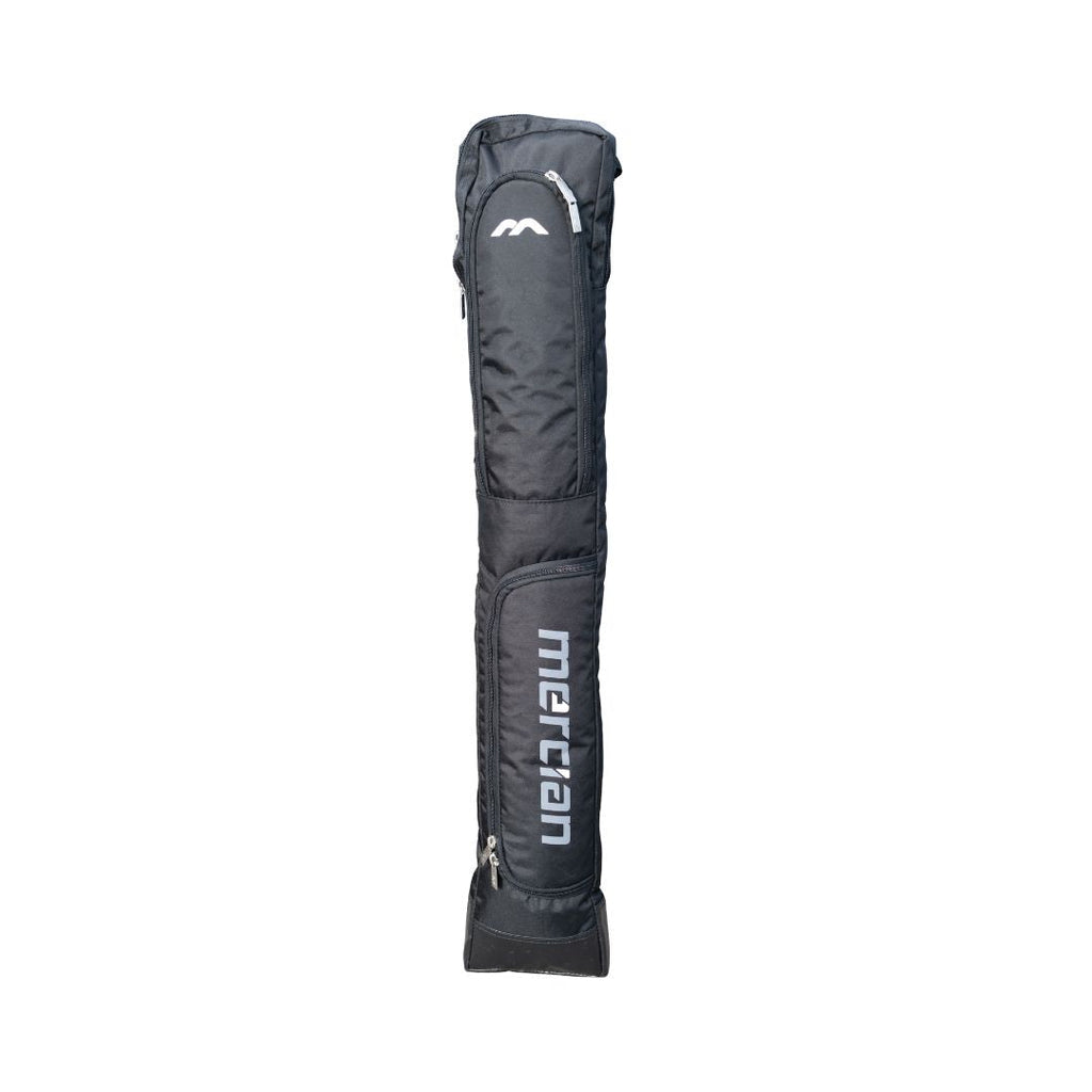 Mercian HOGE326BLK black hockey stick bag front view with Mercian branding and external accessory pocket