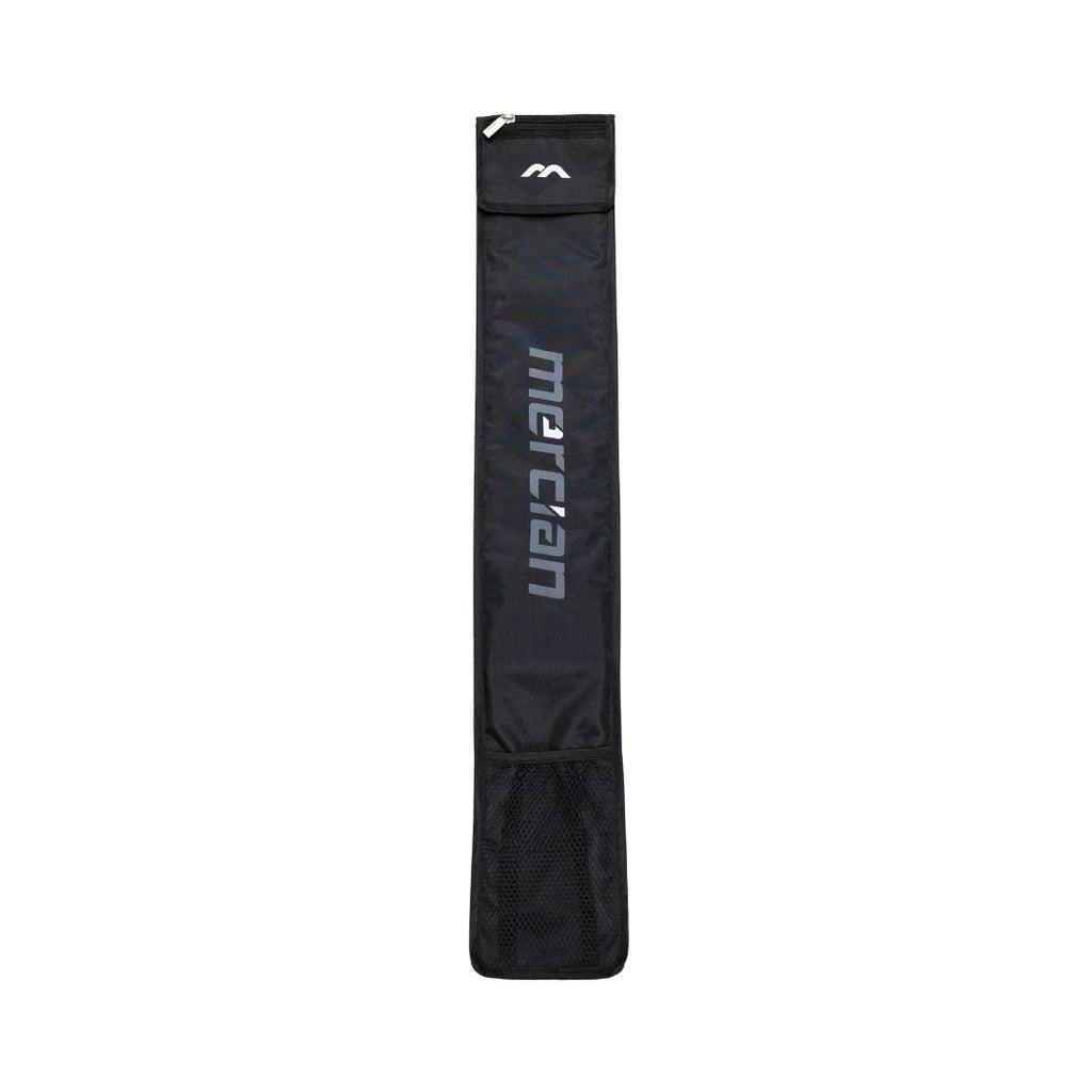 Mercian HOGE426BLK black hockey stick bag front view with vertical Mercian branding, mesh base pocket and zip top storage compartment.