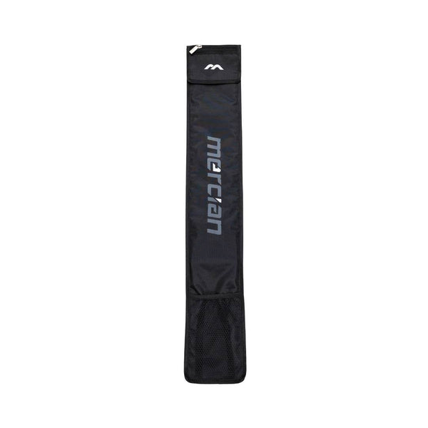 Mercian HOGE426BLK black hockey stick bag front view with vertical Mercian branding, mesh base pocket and zip top storage compartment.