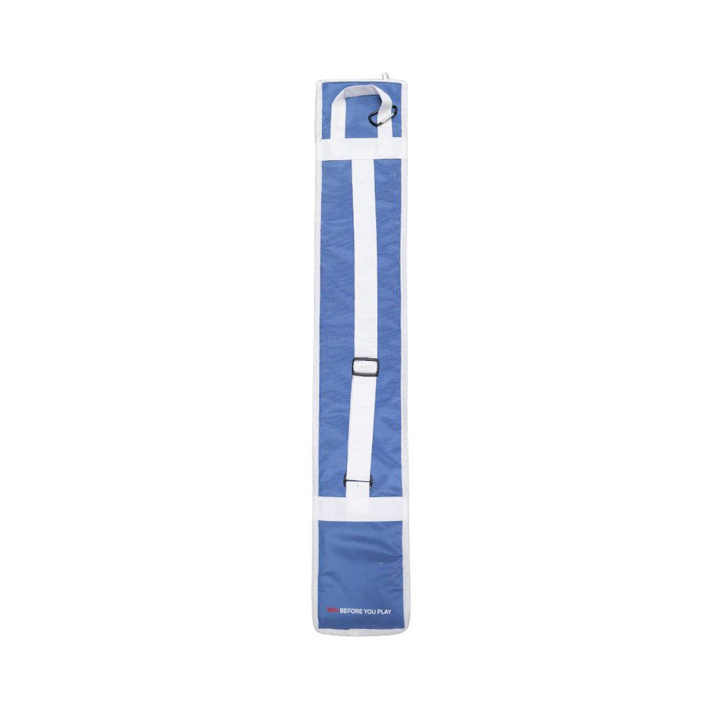 Mercian HOGE426BLU blue stick sleeve rear view with adjustable shoulder strap, carry loop and reinforced stitched support bands.