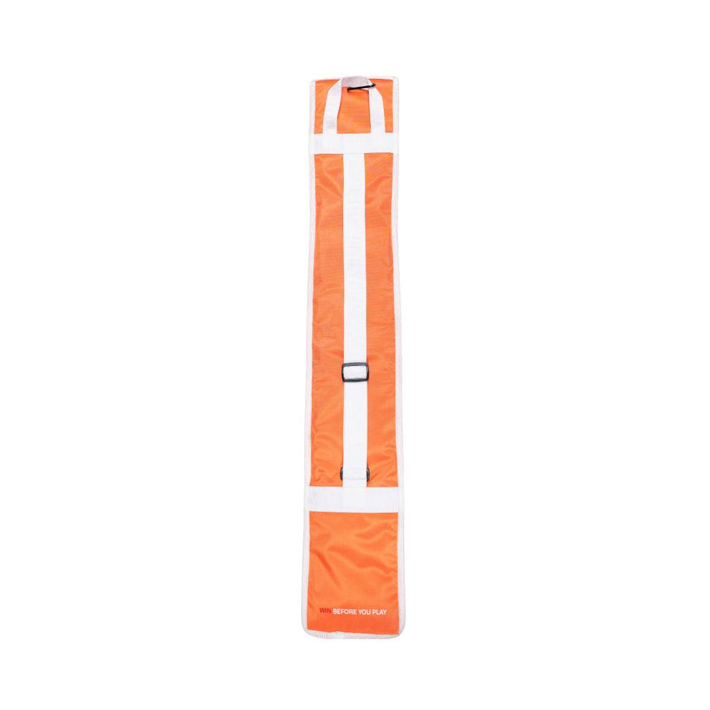 Mercian HOGE426ORG orange hockey stick bag rear view with adjustable white shoulder strap and reinforced carry structure.