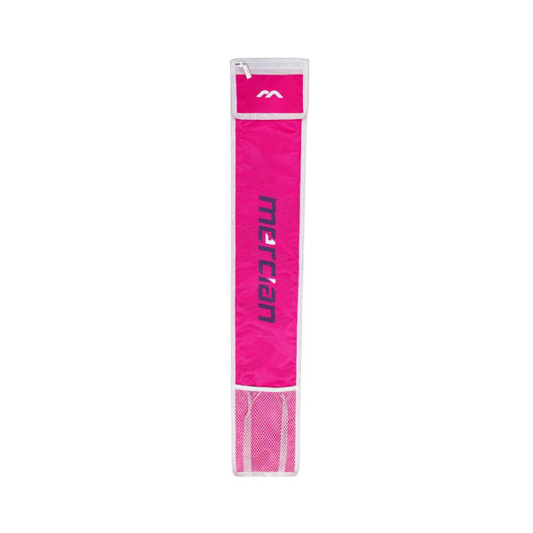 Mercian HOGE426PNK pink hockey stick sleeve front view with dark Mercian branding, white trim and ventilated mesh lower section.