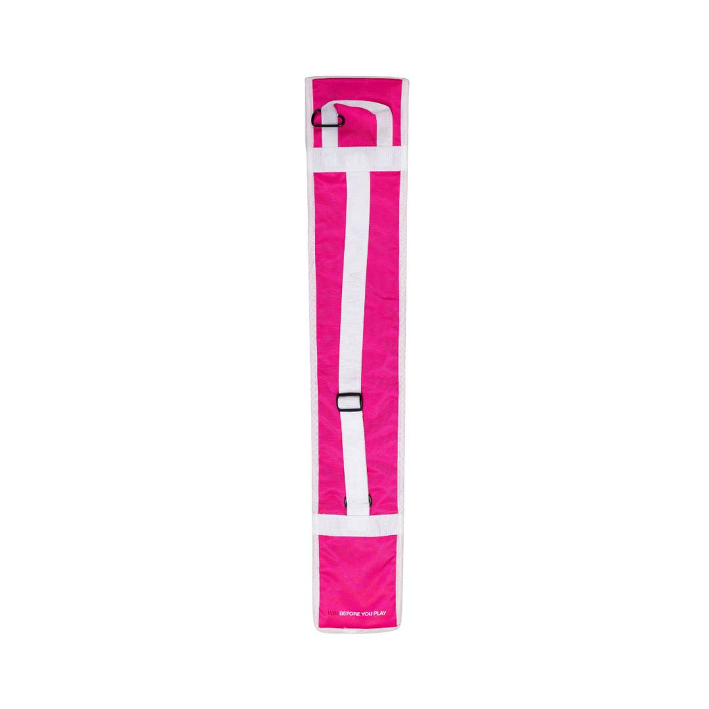 Mercian HOGE426PNK pink hockey stick bag rear view with adjustable shoulder strap, carry handle and reinforced stitched bands.