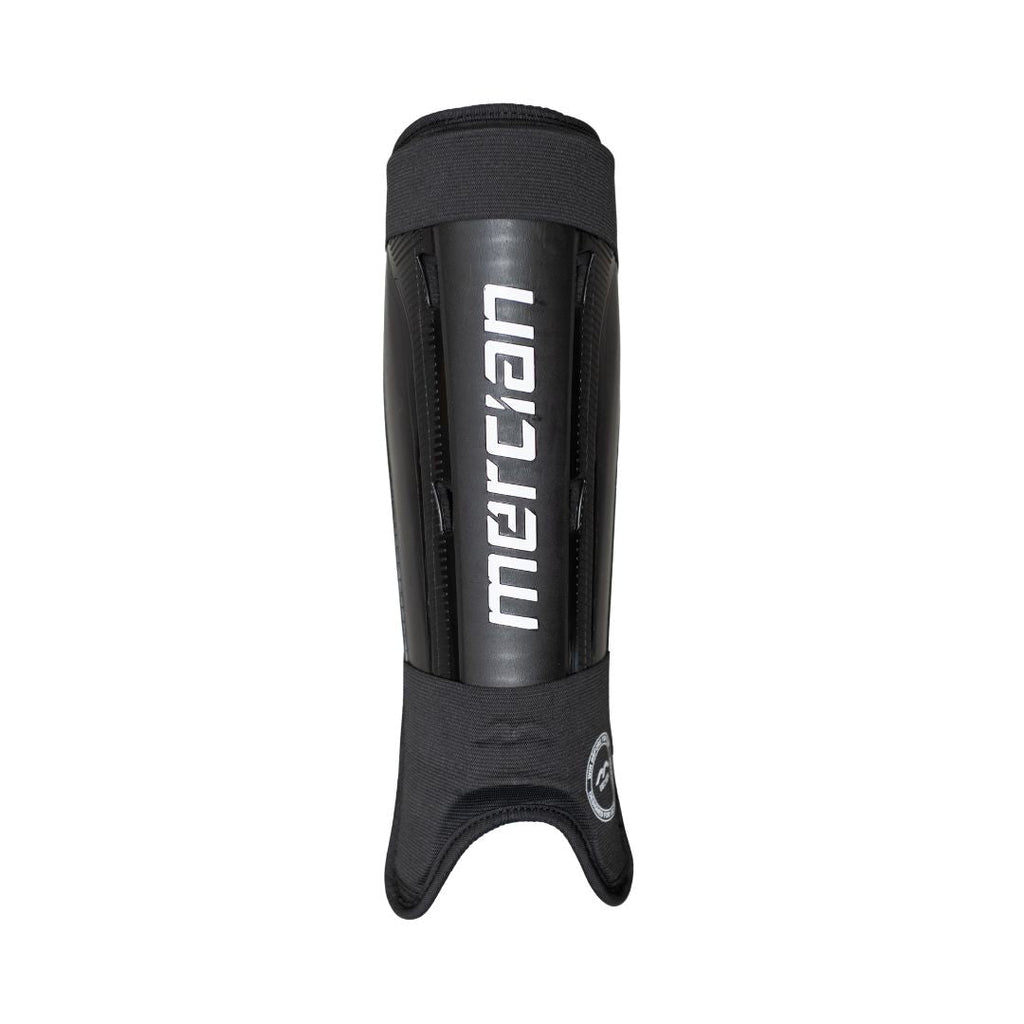 Mercian SGEV26BLK black hockey shin guards front view featuring integrated ankle sleeve, durable hard-shell shin protection and bold Mercian branding for secure all-game performance.