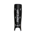 Mercian SGGE26BLK black hockey shin guards front view with lightweight hard-shell protection, anatomical fit and vertical Mercian branding.