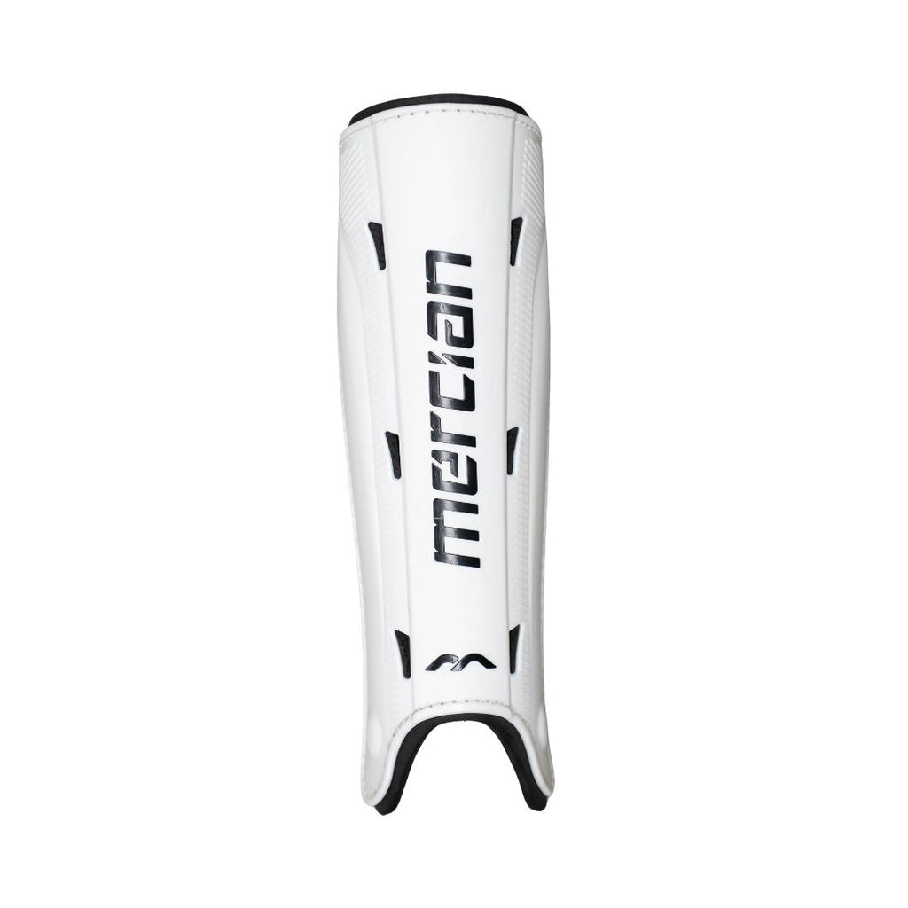 Mercian SGGE26WHT white hockey shin guards front view with lightweight hard-shell protection, anatomical fit and contrasting black Mercian branding.