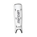 Mercian SGGE26WHT white hockey shin guards front view with lightweight hard-shell protection, anatomical fit and contrasting black Mercian branding.